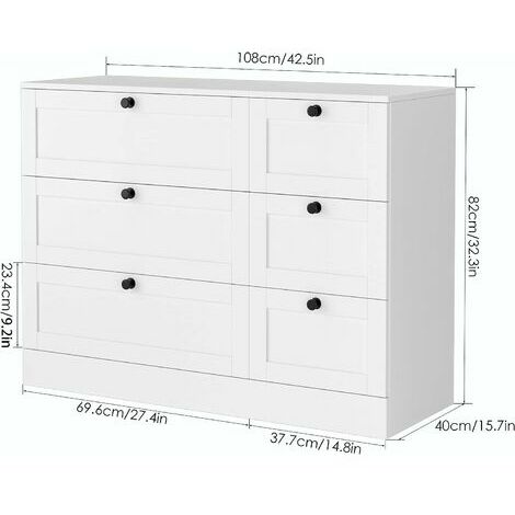 Commode avec 6 Tiroirs, Commode Chambre à Adulte et Enfant, Meuble de Rangement pour Chambre Salon, en Bois 108x40x82 cm