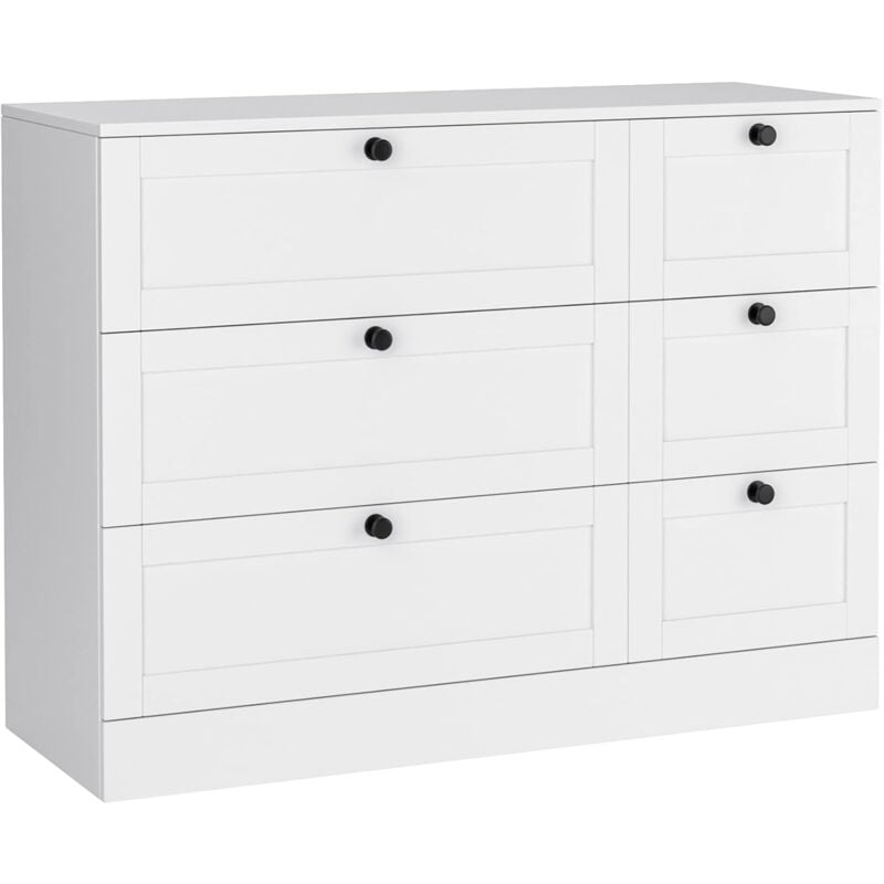 Commode avec 6 Tiroirs, Commode Chambre à Adulte et Enfant, Meuble de Rangement pour Chambre Salon, en Bois, Blanche, 108x40x82 cm