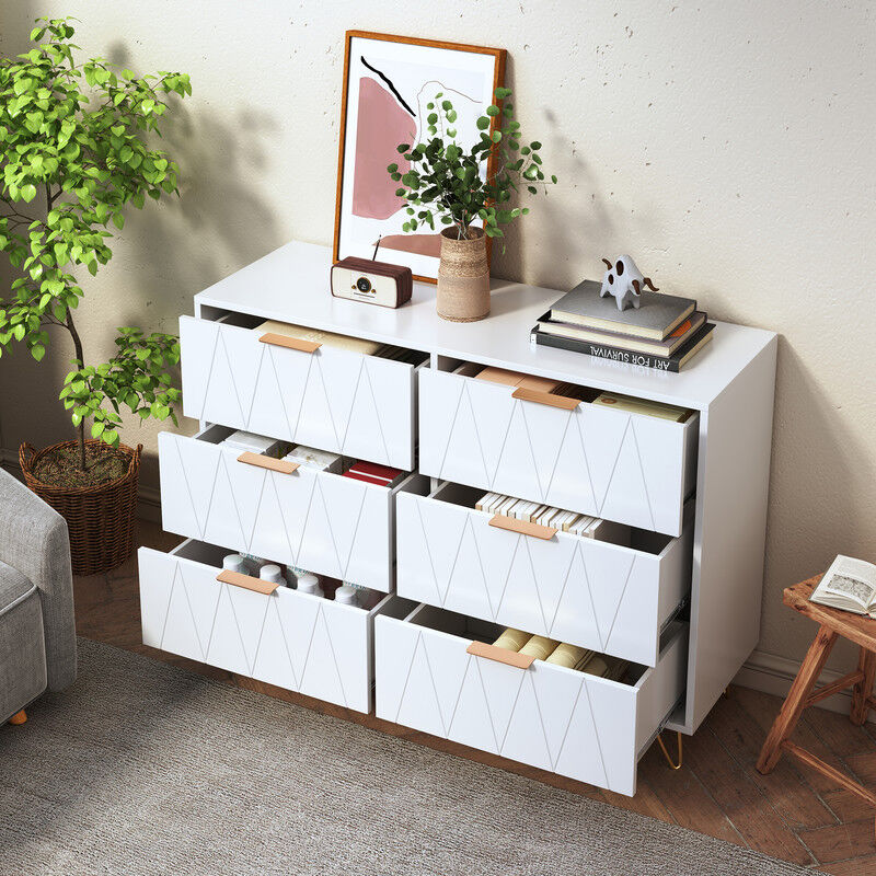 Blanketswarm - Commode avec 6 Tiroirs, Meuble de Rangement avec Pieds et Poignées en Métal Doré, Armoire Blanche avec Tiroirs, Commode à Tiroirs pour