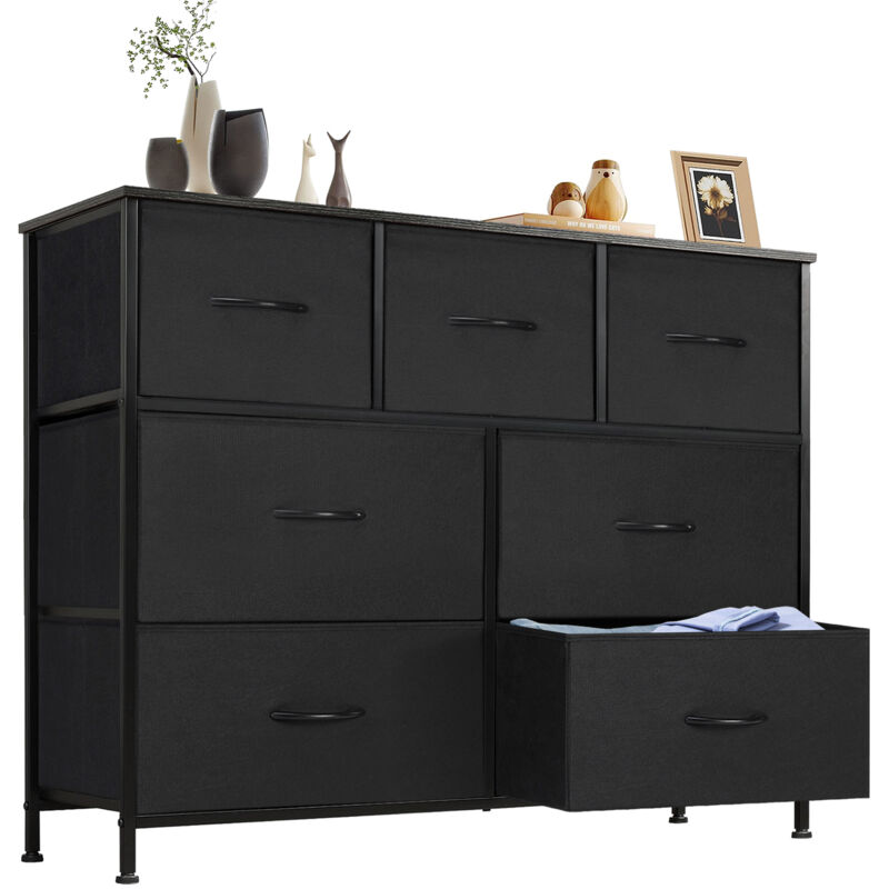 Commode contemporaine, 7 tiroirs en tissu, avec poignées, structure en métal, 100 x 30 x 77 cm (noir)