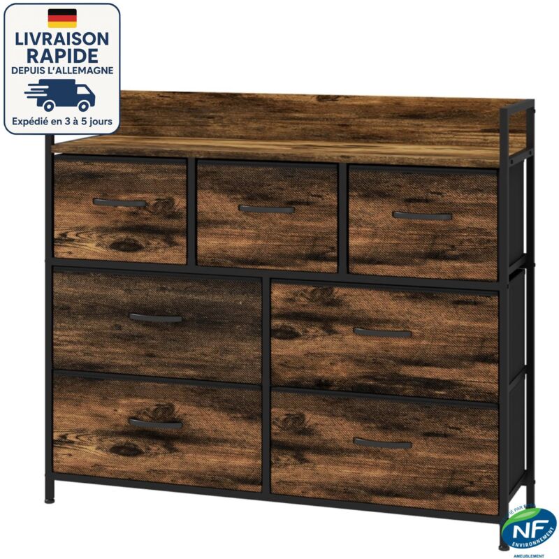 Commode avec 7 Tiroirs en Tissu, Meuble de Rangement à 3 Niveaux, avec Poignées en Métal, Style Industriel, Marron Rustique et Noir