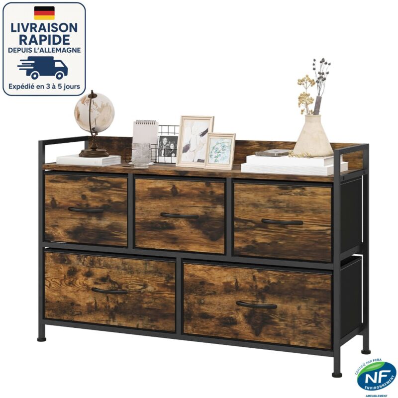Commode avec 5 Tiroirs en Tissu, Meuble de Rangement à 2 Niveaux, avec Poignées en Métal, Style Industriel, Marron Rustique et Noir