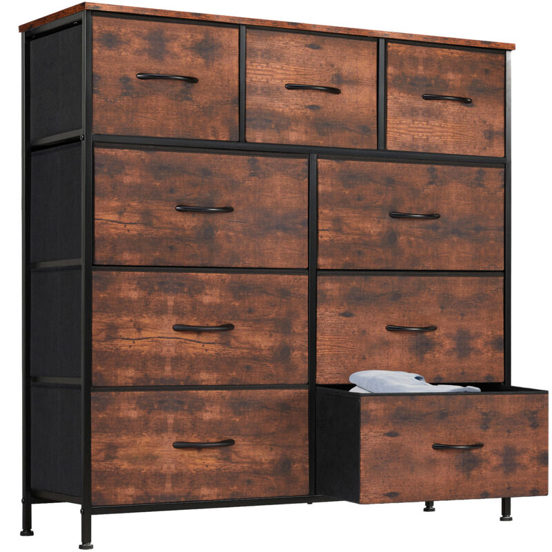 Commode avec 9 Tiroirs en Tissu, Cadre en acier, dessus en bois,unité de rangement, commode pour vêtements, commodes hautes et commodes pour chambre