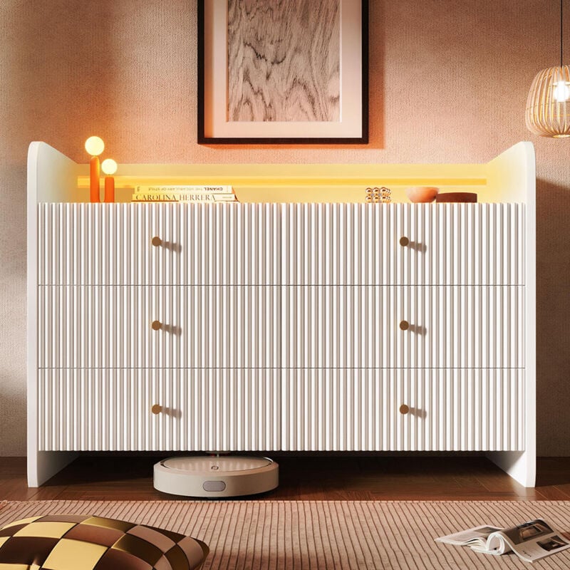 Commode avec éclairage led et 6 tiroirs,Design ondulé rainuré,120x40x75cm, Blanc