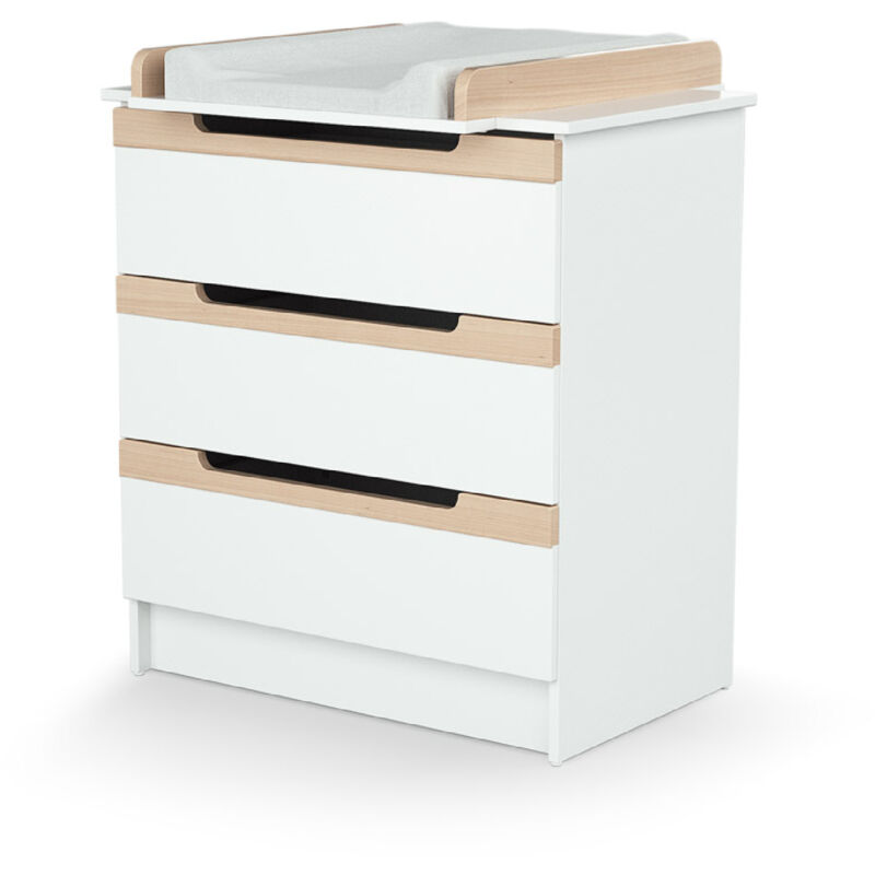 Les Tendances - AT4 - Commode à langer 3 tiroirs en bois carrousel Blanc et Hêtre Verni Les Tendances - AT4 - Commode à langer 3 tiroirs en bois carrousel Blanc et Hêtre Verni