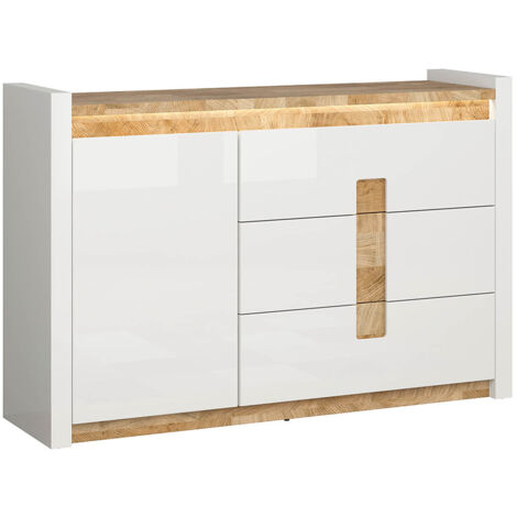 Commode avec porte et 3 tiroirs avec éclairage LED, coloris Blanc brillant/Chêne clair - Longueur 147x Profondeur 41 x Hauteur 96,5 cm