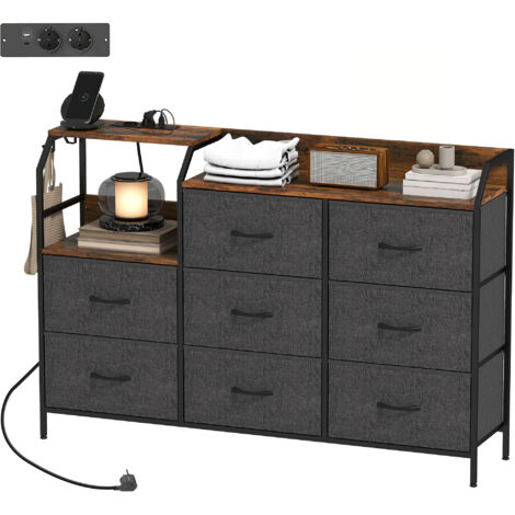 Commode avec station de recharge, 8 tiroirs en tissu, étagère ouverte, 130,5x30x88cm, marron