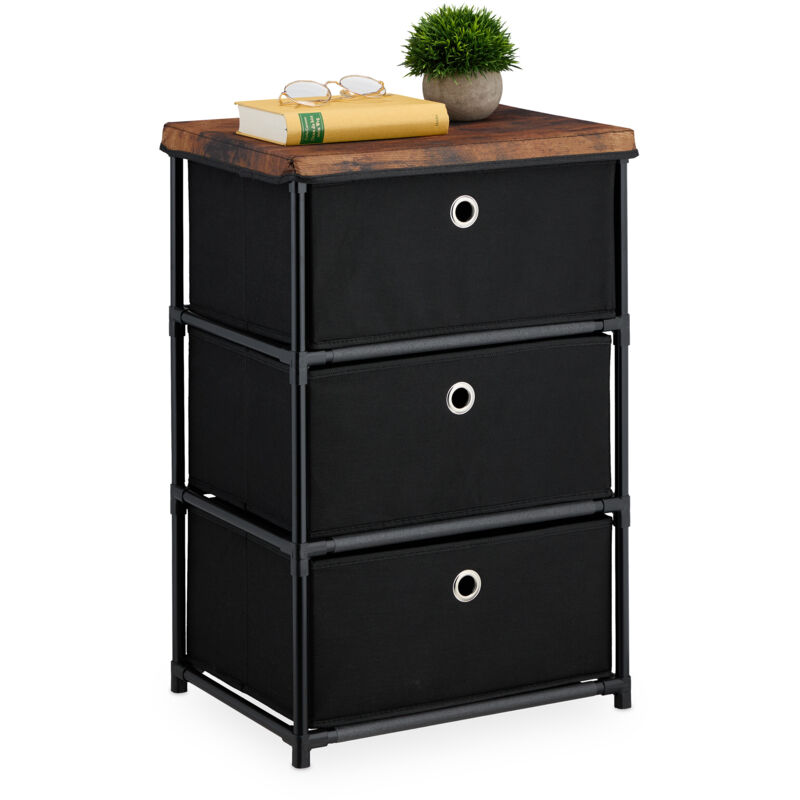 Commode, avec 3 tiroirs en tissu, structure en métal, 65x43x33 cm, pour le salon ou l'entrée, noir et marron - Relaxdays