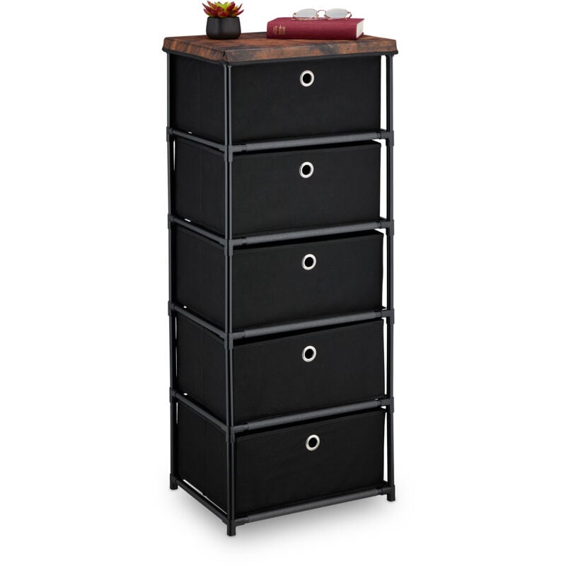 Relaxdays Commode, avec 5 tiroirs en tissu, structure en métal, 105x43x33 cm, pour le salon ou l'entrée, noir et marron