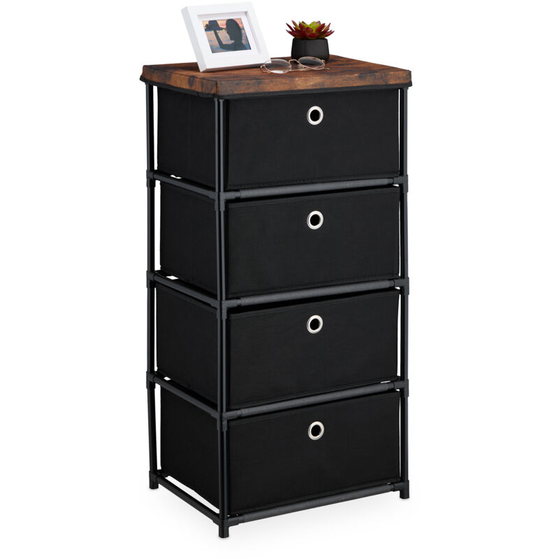 Commode, avec 4 tiroirs en tissu, structure en métal, 85x43x33 cm, pour le salon ou l'entrée, noir et marron - Relaxdays