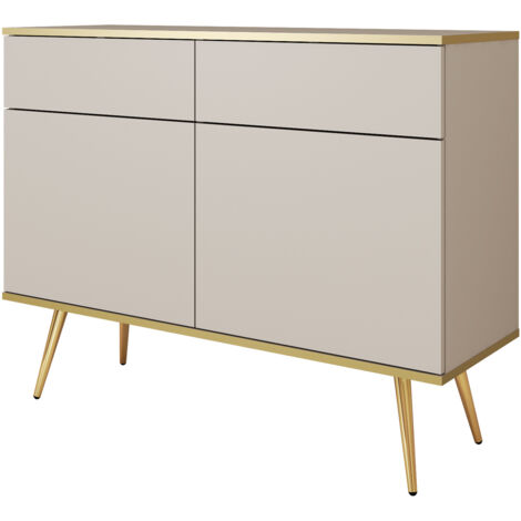 Commode Banff KSZ107 - Beige - Pattes dorées - 2 tiroirs - Largeur 107 cm, Hauteur 85 cm, Profondeur 39 cm