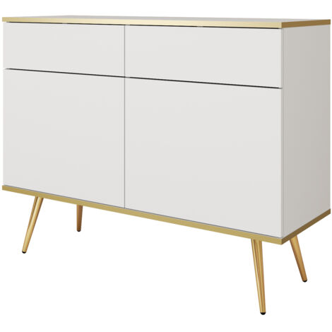 Commode Banff KSZ107 - Blanche - Pieds dorés - 2 tiroirs - Largeur 107 cm, Hauteur 85 cm, Profondeur 39 cm