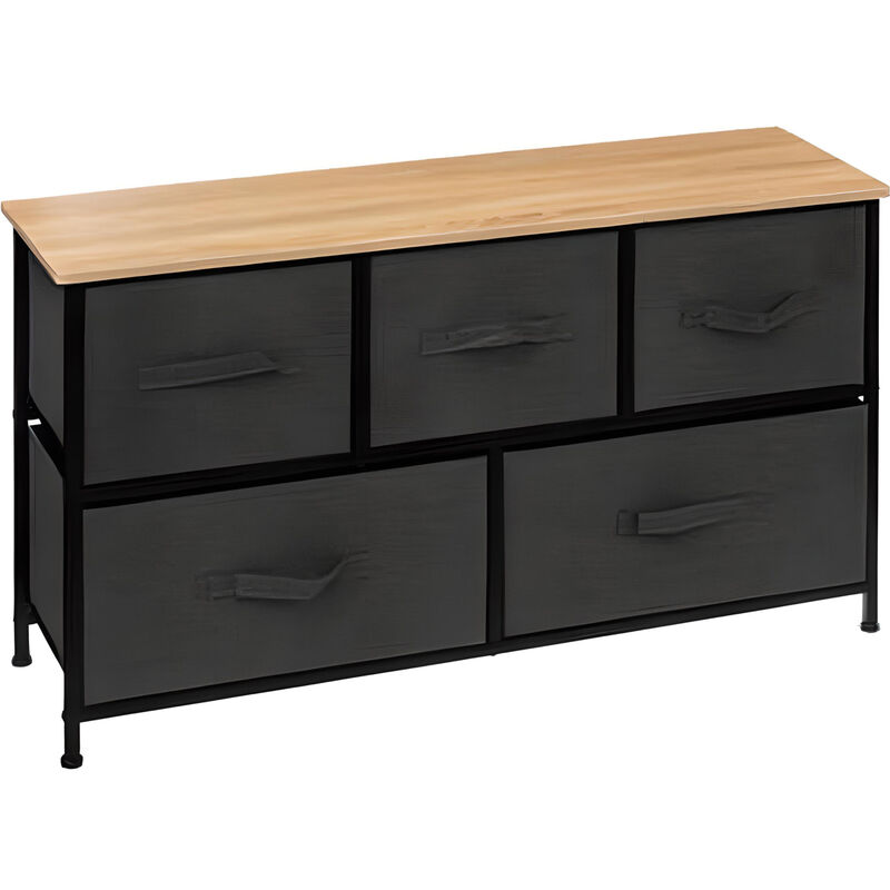 Commode basse , meuble de rangement avec 5 tiroirs coloris Gris Foncé, naturel - Longueur 100 x Profondeur 30 x Hauteur 55 cm