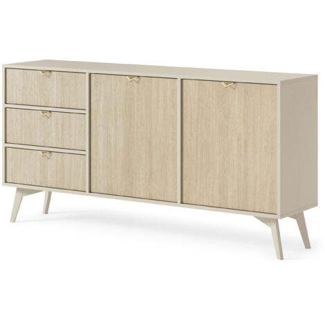 Commode : Beige Sable / Chevrons scandi, Pieds Bois, 158 × 80 × 38cm