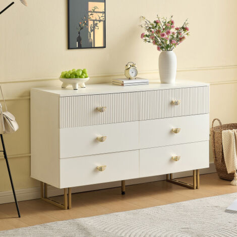 Commode blanc - commode à 6 tiroirs – en MDF et acier - 120 x 40 x 75 cm