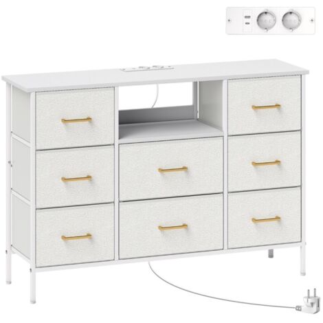 Commode blanc crème 8 tiroirs tissu avec multiprise, structure acier, rangement parfait pour entrée, chambre, salon, bureau 110x30x76cm