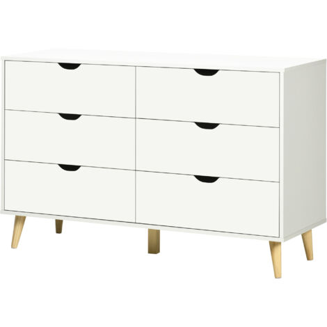 Commode blanche 120x40x76 cm, 6 tiroirs, piètement biseauté en bois