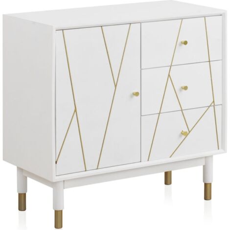 Commode blanche 3 tiroirs 1 porte décor or design contemporain - blanc laqué avec détails dorés