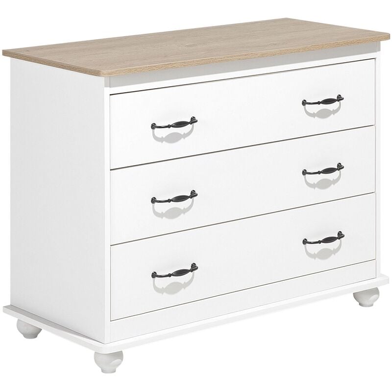 Beliani - Commode de Type Chiffonnier Blanc avec Plateau Imitation Bois Composé de 3 Tiroirs aux Motifs Différent Design Moderne 79 cm de Hauteur