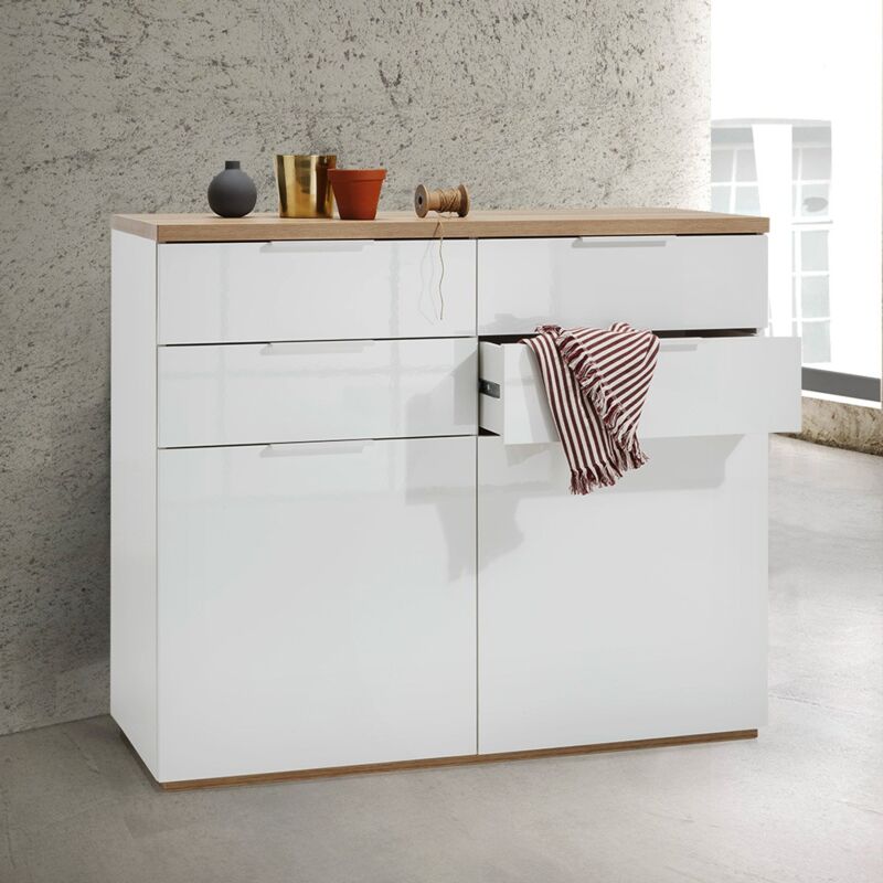 Commode Blanche 4 Tiroirs 2 Portes pour Salle à manger Salon Chambre