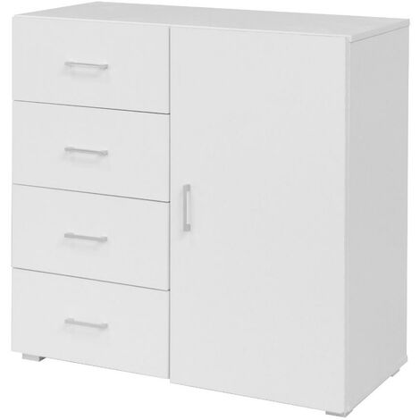 Commode blanche 4 tiroirs – Dimensions 90x41x87 H cm – MDF 15 mm avec poignées et pieds argentés – Pour usage intérieur – King Home