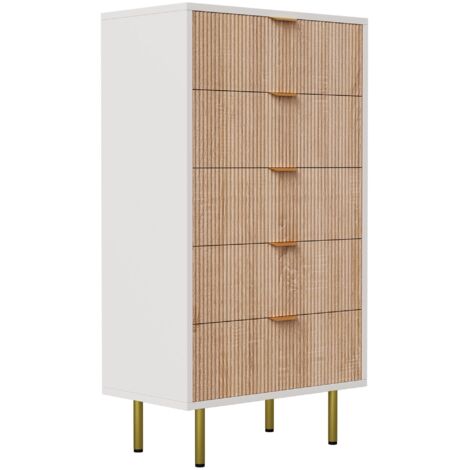 Commode blanche 5 tiroirs 60x34x109.8 cm – MDF + métal – Motif ondulé avec poignées dorées – Meuble Rangement Chambre Salon Porche