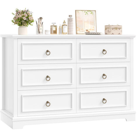 Commode Blanche 6 Tiroirs 120 cm – Buffet Effet Bois Moderne Grande Capacité pour Chambre, Salon Et Entrée