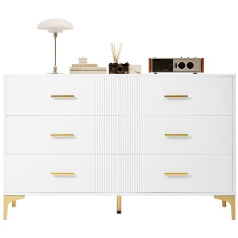 Commode blanche 6 tiroirs et portes - Meuble rangement salon chambre - Dimensions 120x40x76cm