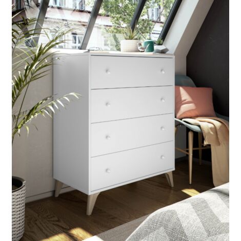 Commode blanche 78x40x95 cm – 4 tiroirs spacieux – Structure en panneaux mélaminés – Finition mate moderne – Pieds en ABS couleur chêne - 40x78x95h