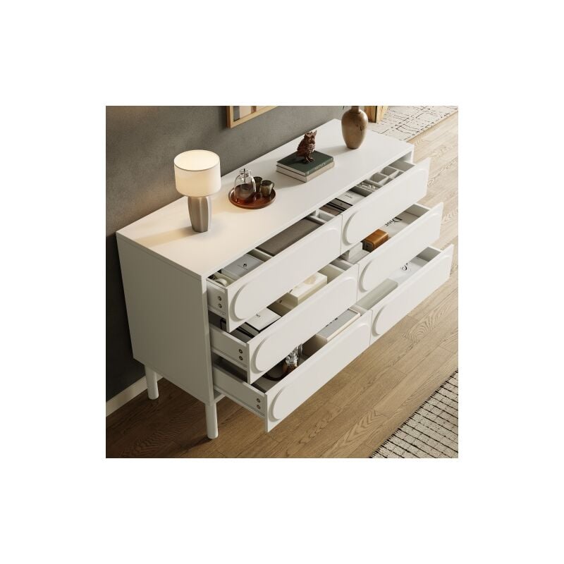 Commode blanche à 6 tiroirs, armoire avec pieds réglables et dispostif anti-basculement, pour salon, cuisine et chambre, 120x40x75 cm