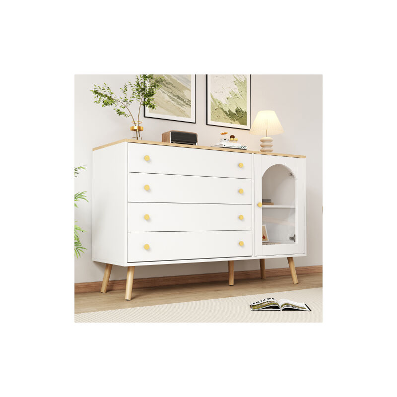 Wishdor - Commode blanche avec 4 tiroirs larges, 1 porte, plateau en bois, poignées dorées, aggloméré, 40x120x77,5 cm, pour salle à manger, cuisine,