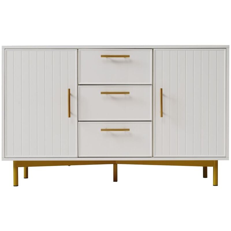 Commode, blanche, avec étagères réglables, commode avec 2 portes et 3 tiroirs, H75 x B120 x T40 cm
