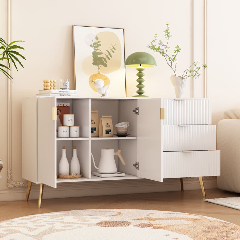 Commode à 3 tiroirs avec 2 portes, commode blanche pour chambre, salon et salle de bain, 140 x 40 x78 cm