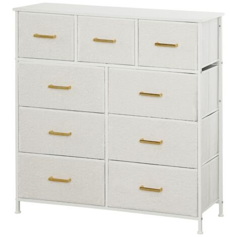 Commode Blanche Crème 9 Tiroirs en Tissu avec Poignées, Meuble de Rangement Pratique