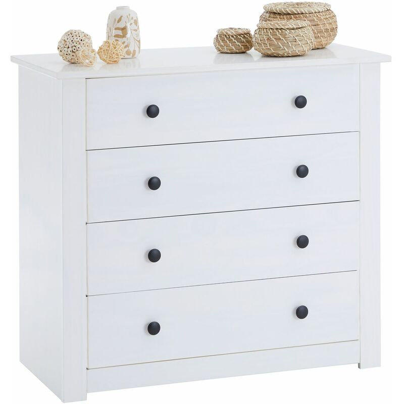 Idimex - Commode blanche paulo en pin massif avec 4 tiroirs - Blanc