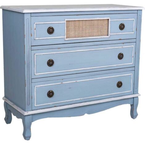 Commode bleu en bois et rotin ambiance bord de mer élégante - Bleu patiné bois naturel