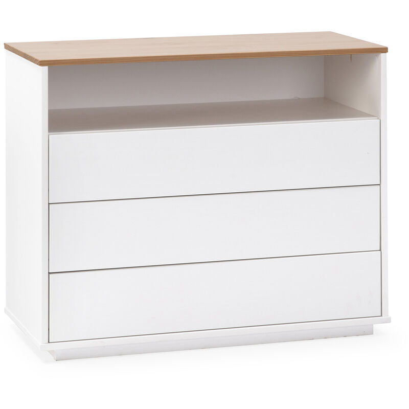 Commode Bob 3 tiroirs 1 niche blanc/chêne, bois massif