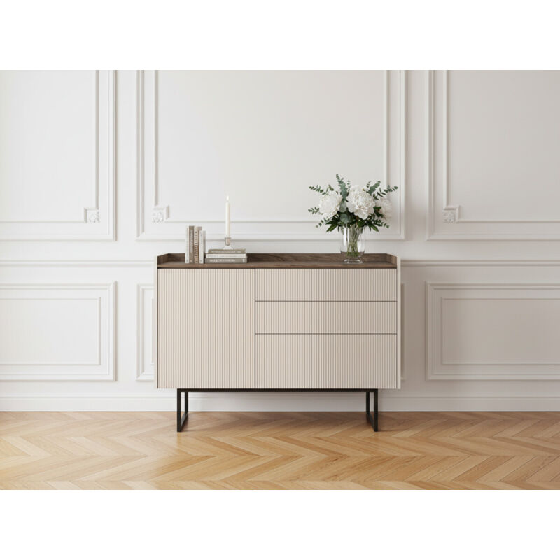 BOBOCHIC - Commode 3 tiroirs 1 porte 118 cm LOUNA beige et effet bois avec tasseaux et LED