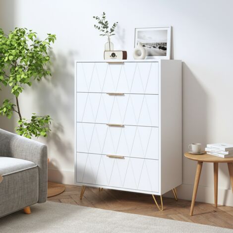 Commode bohème à cinq tiroirs - 4 tiroirs quatre tiroirs à roulettes, Motif de texture linéaire, 60x90x34 cm, poignées et pieds en métal - blanche