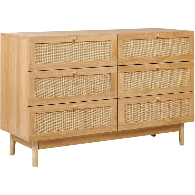 Beliani - Commode Boho en Bois 6 Tiroirs Panneau de Particules Façade en Rotin Bois Clair Nivo