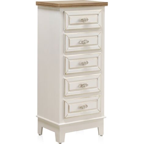 Commode bois blanc 5 tiroirs style feuille chic et authentique - Blanc effet bois vieilli et marron
