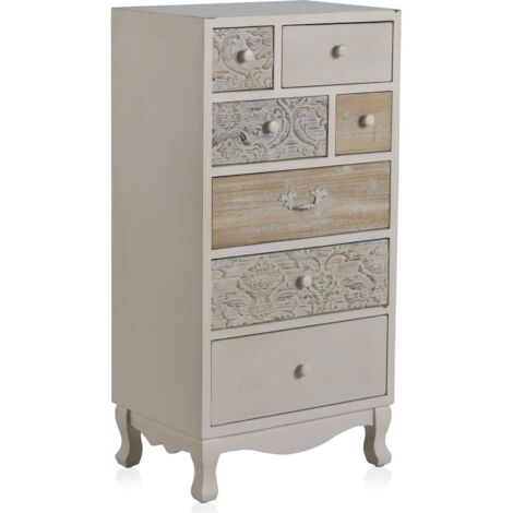 Commode bois blanc 7 tiroirs style vintage finition mate - blanc patiné effet bois clair
