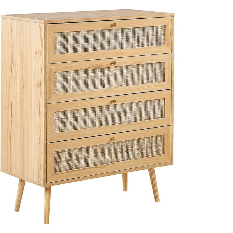 Beliani - Commode à 4 Tiroirs en Rotin Bois Clair Style Boho Façade Grillagée Rangement Perote