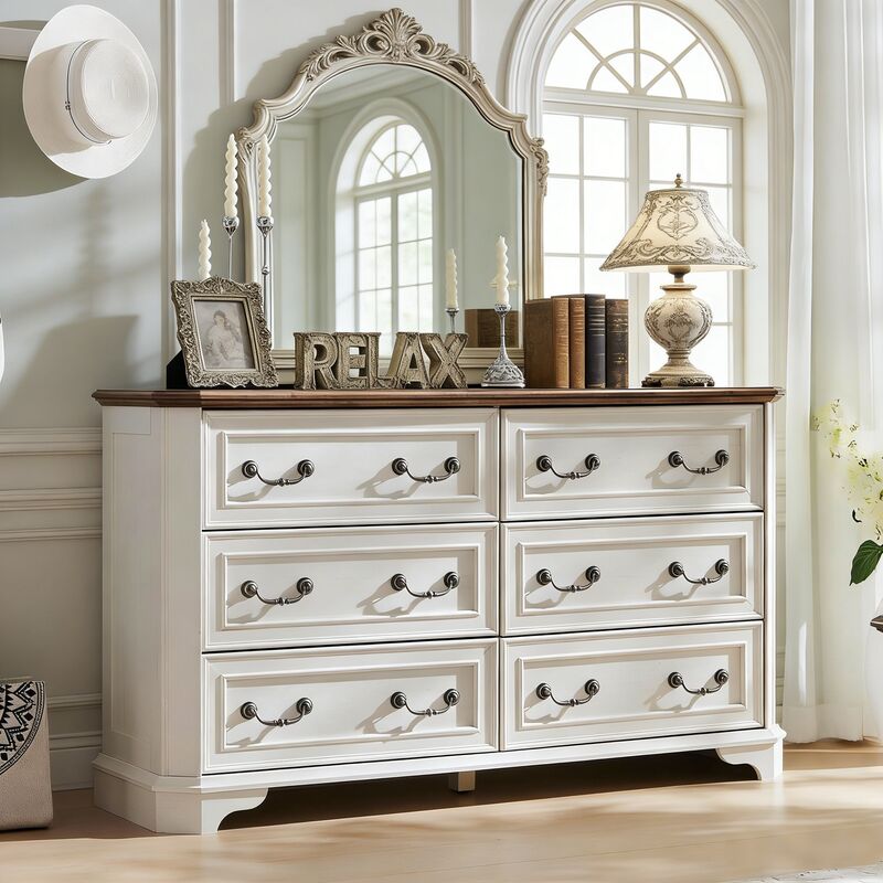 Commode bois Style Farmhouse 54" Large avec 6 Tiroirs, Commode Rustique à Texture Naturelle & Design Vintage, Organisateur de Rangement pour Chambre