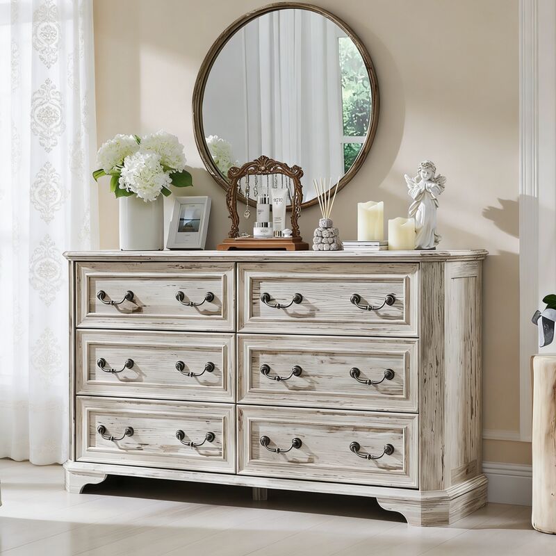 Commode bois Style Farmhouse 54" Large avec 6 Tiroirs, Commode Rustique à Texture Naturelle & Design Vintage, Organisateur de Rangement pour Chambre