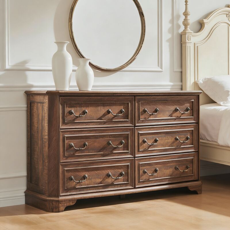 Commode bois Style Farmhouse 54" Large avec 6 Tiroirs, Commode Rustique à Texture Naturelle & Design Vintage, Organisateur de Rangement pour Chambre