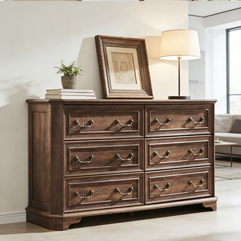 Commode bois Style Farmhouse 54" Large avec 6 Tiroirs, Commode Rustique à Texture Naturelle & Design Vintage, Organisateur de Rangement pour Chambre