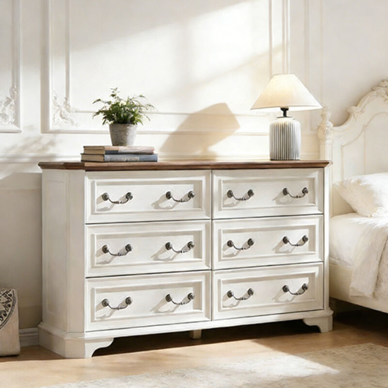 Commode bois Style Farmhouse 54" Large avec 6 Tiroirs, Commode Rustique à Texture Naturelle & Design Vintage, Organisateur de Rangement pour Chambre