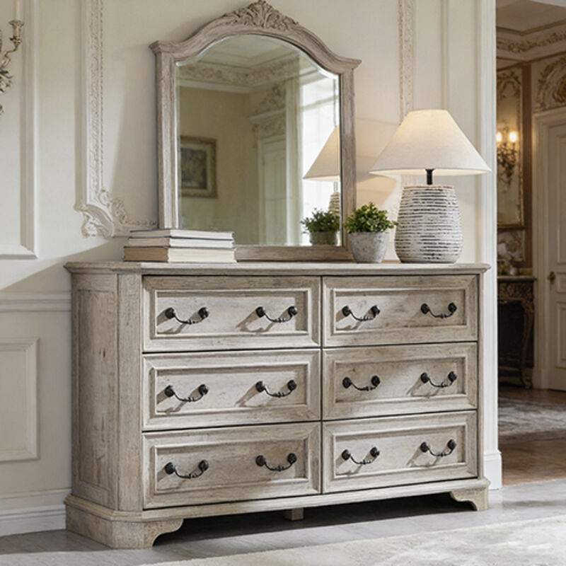 Commode bois Style Farmhouse 54" Large avec 6 Tiroirs, Commode Rustique à Texture Naturelle & Design Vintage, Organisateur de Rangement pour Chambre