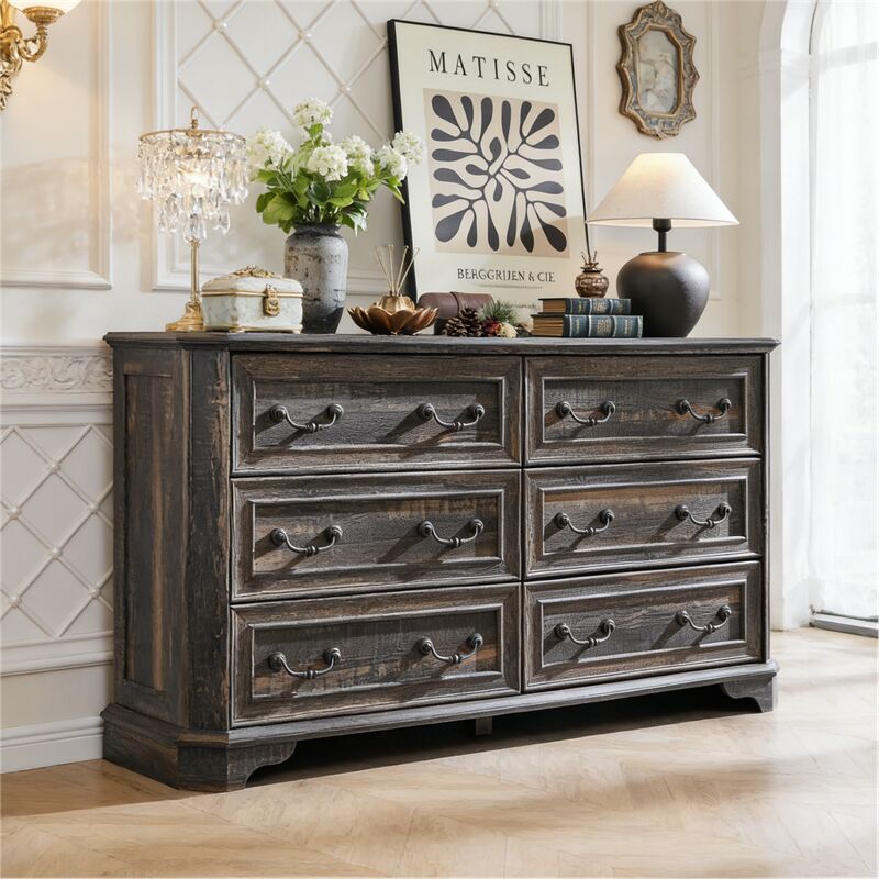 Commode bois Style Farmhouse 54" Large avec 6 Tiroirs, Commode Rustique à Texture Naturelle & Design Vintage, Organisateur de Rangement pour Chambre